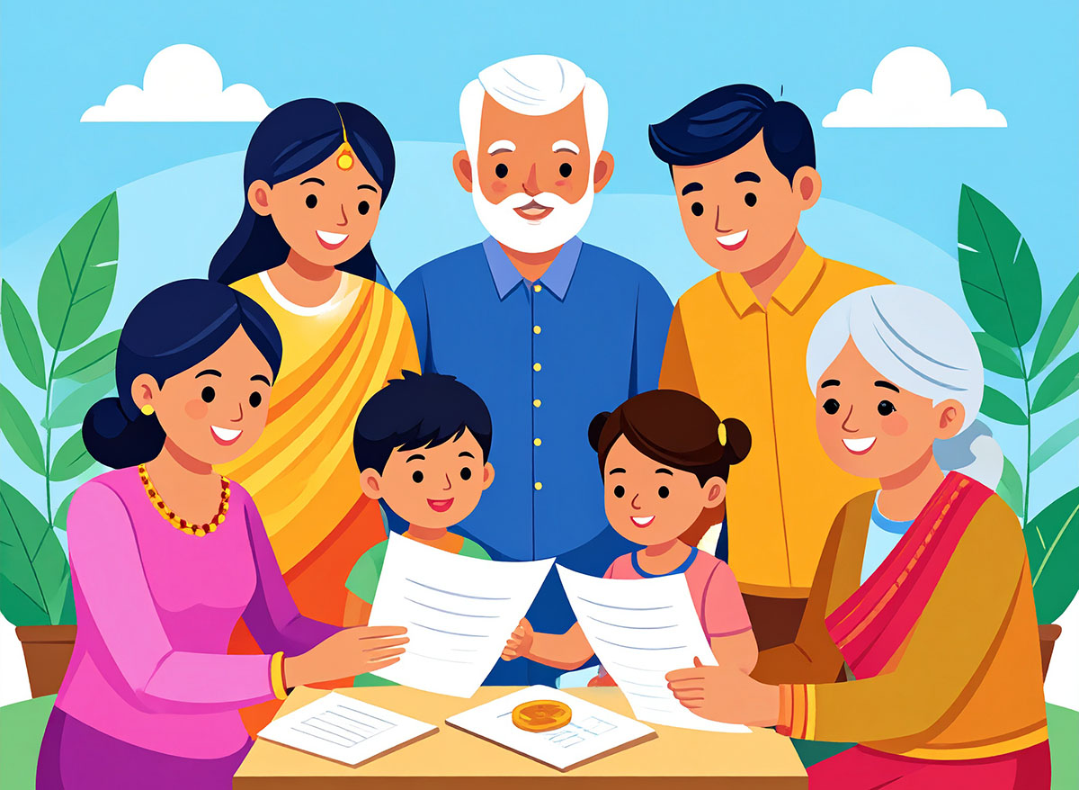 A multi-generational family reviewing financial documents together